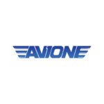 Avione logo featuring 3 blue lines like wings on the left-hand side and the same lines extending form the E on the right-hand side