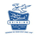 Blue Streak Grinding logo featuring the company name on a blue background made to look like a very retro Vegas or old school motel style sign with a P-80 flying above