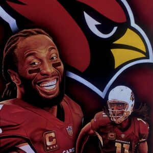 Larry Fitzgerald collage with a limited, team colors only palette using acrylic on canvas