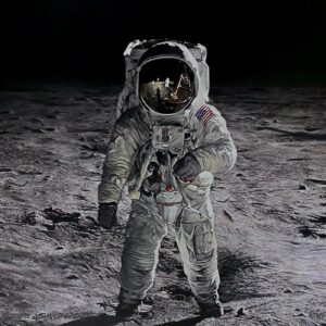 Photorealistic depiction of Buzz Aldrin walking on the lunar surface using acrylic on canvas