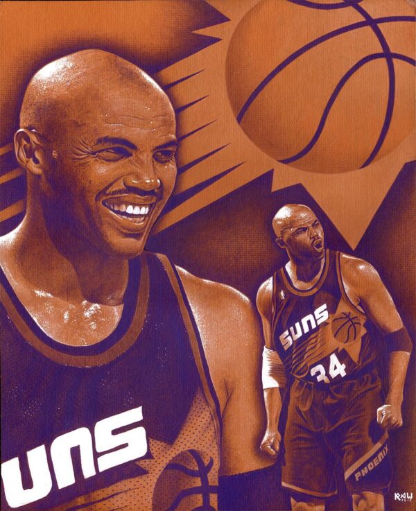 Charles Barkley collage with a limited, team colors only palette using mixed media on orange illustration board