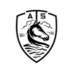 Thoroughbred Air Synergies logo featuring a horse head with water lines below and clouds above inside of a shield shape