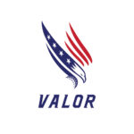 Valor logo featuring a simplified blue eagle with white starts on it's body and red lines above