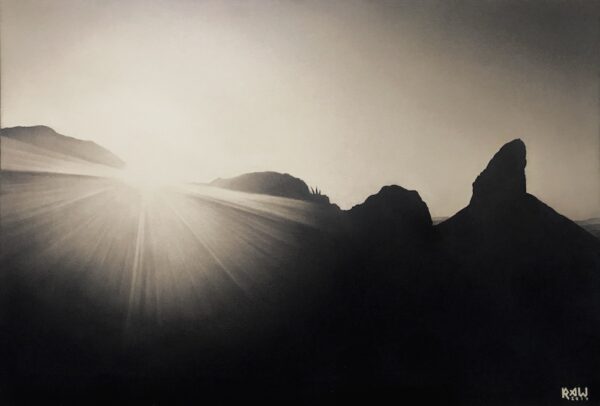 Sunset at Weaver's Needle in Arizona using charcoal and graphite on illustration board